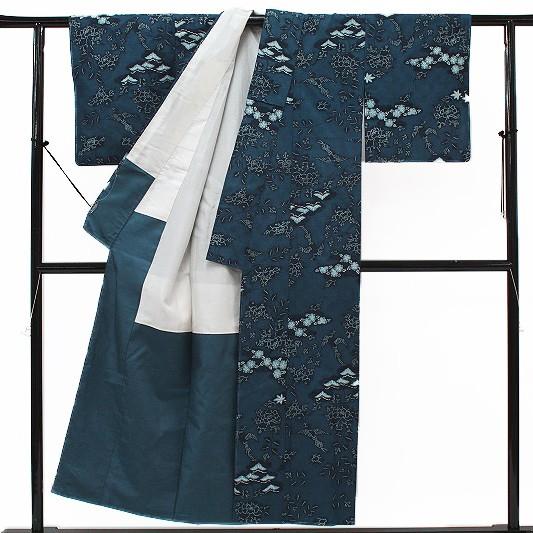 在庫処分 本場琉球紅型染 紬 藍色 鳥 牡丹 梅 松 楓 正絹 新古品