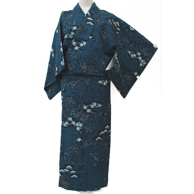 在庫処分 本場琉球紅型染 紬 藍色 鳥 牡丹 梅 松 楓 正絹 新古品