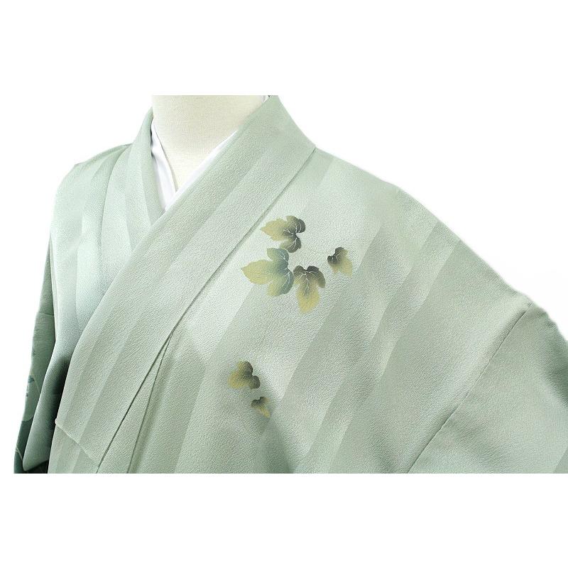 在庫処分 訪問着 本加工友禅 中古 灰薄緑色 蔦 小花 蒔糊散らし