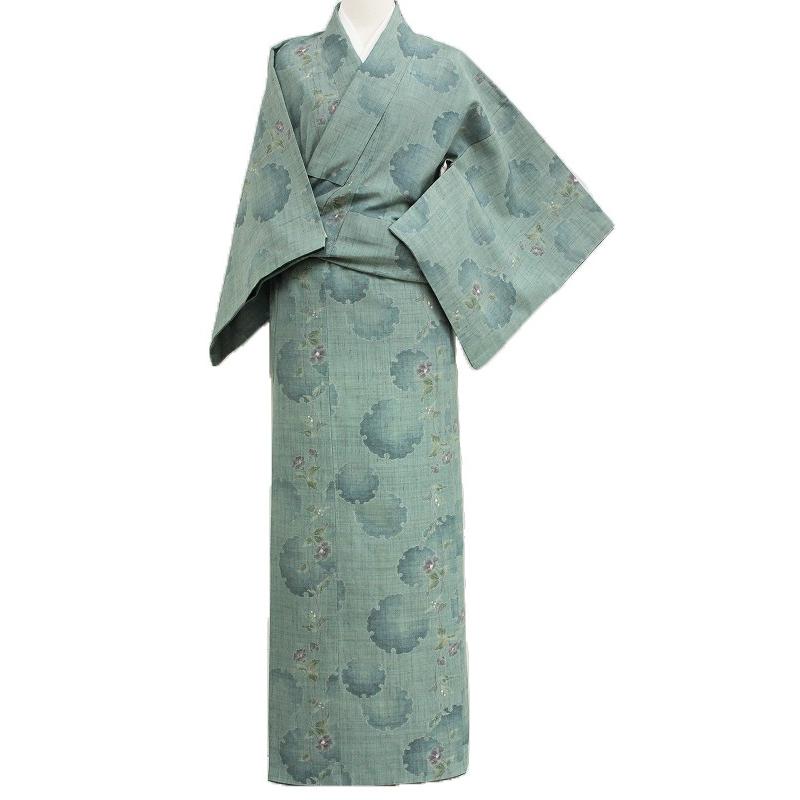 伝統的工芸品十日町紬宮脇綾子裂の世界薄灰青緑色地雪輪椿模様 伝統的工芸品十日町紬宮脇綾子裂の世界薄灰青緑色地雪輪椿模様