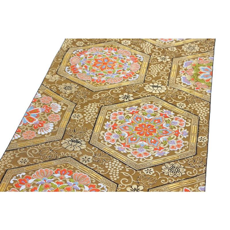 在庫処分 袋帯 リサイクル 唐織 金糸 金 朱色 黄緑 紫 白 水色 葡萄