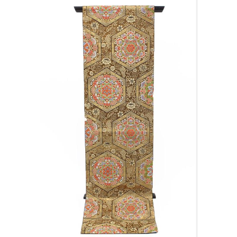 在庫処分 袋帯 リサイクル 唐織 金糸 金 朱色 黄緑 紫 白 水色 葡萄