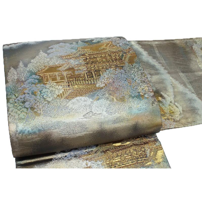 在庫処分 袋帯 リサイクル 本金箔 銀色 東照宮 遠山 松 正絹 金糸 中古  