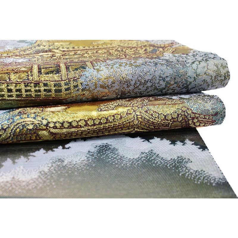 在庫処分 袋帯 リサイクル 本金箔 銀色 東照宮 遠山 松 正絹 金糸 中古  