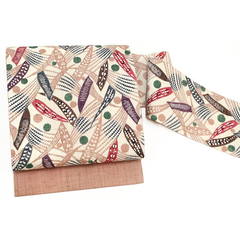 栗山吉三郎 名古屋帯 栗山紅型 夏物 和染紅型 紅型染 薄小豆色 y1473