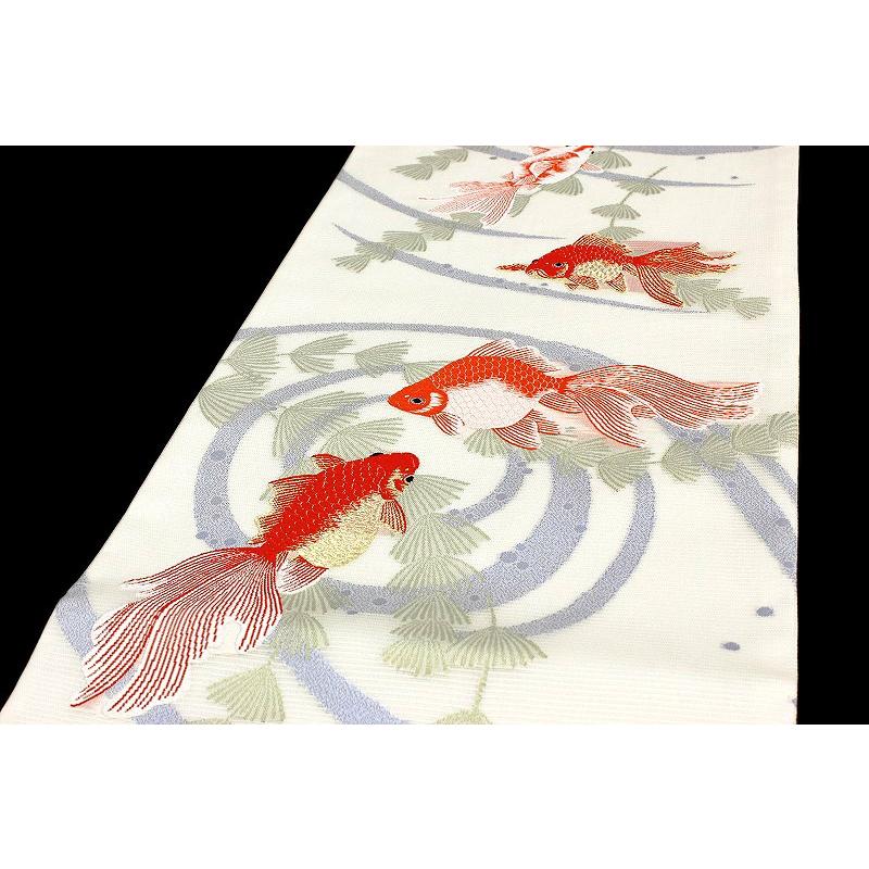 袋帯 金魚 きんぎょ 山口美術織物 唐織 オフホワイト 琉金蒼波文 絽