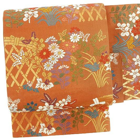 在庫処分 付け帯び 唐織 袋帯 リサイクル 煉瓦色 オレンジ 菊 桔梗