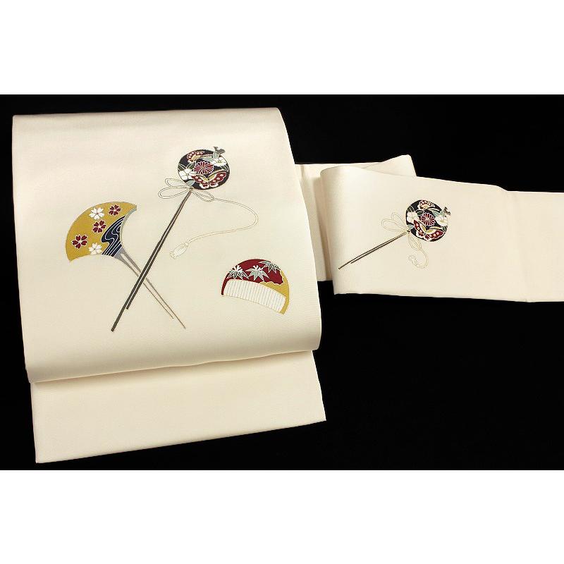 名古屋帯 正絹 お仕立て上がり 塩瀬 アイボリー かんざし 櫛 桜