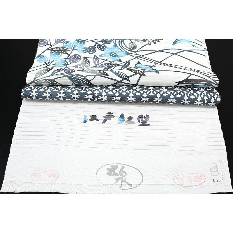 名古屋帯 江戸紅型 夏物 白地 桔梗 萩 すすき 鳥 秋草 紅型染 塩瀬  