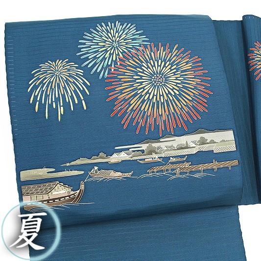 秀美 名古屋帯 夏物 十日町友禅 青色 花火 屋形船 正絹 塩瀬