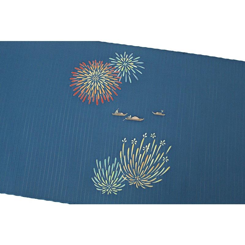 秀美 名古屋帯 夏物 十日町友禅 青色 花火 屋形船 正絹 塩瀬