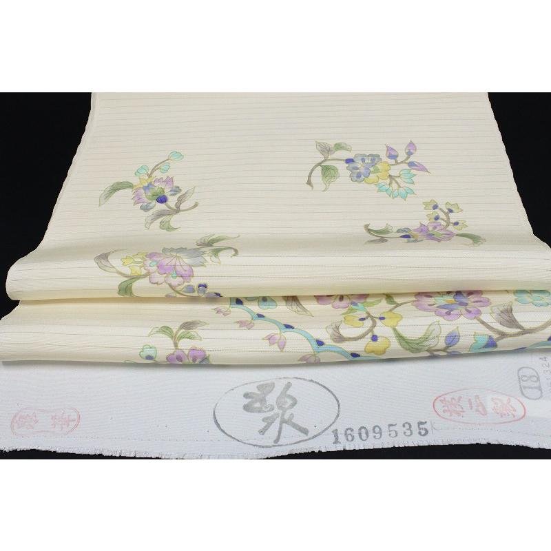 岡重 名古屋帯 夏物 薄クリーム色 更紗 花唐草 正絹 本加工友禅 手描  