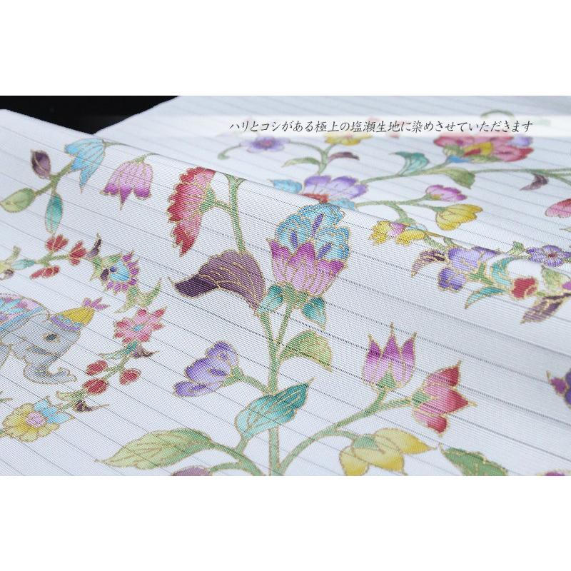 岡重 名古屋帯 夏物 白 更紗 象 花唐草 正絹 本加工友禅 手描友禅 塩瀬