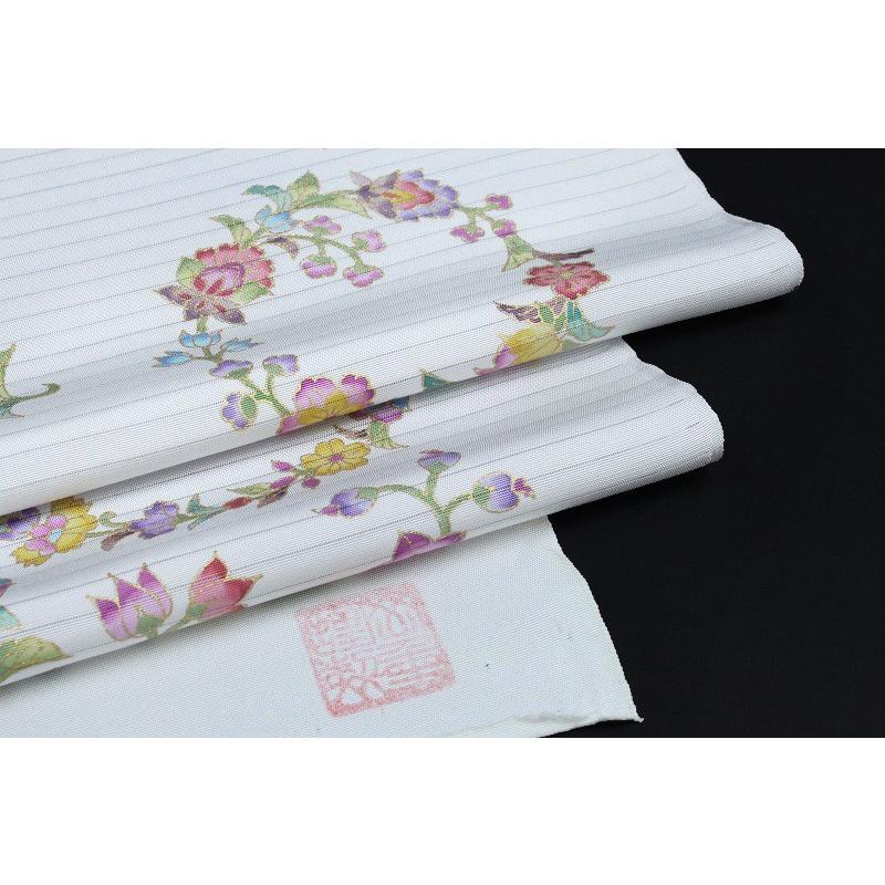 岡重 名古屋帯 夏物 白 更紗 象 花唐草 正絹 本加工友禅 手描友禅 塩瀬