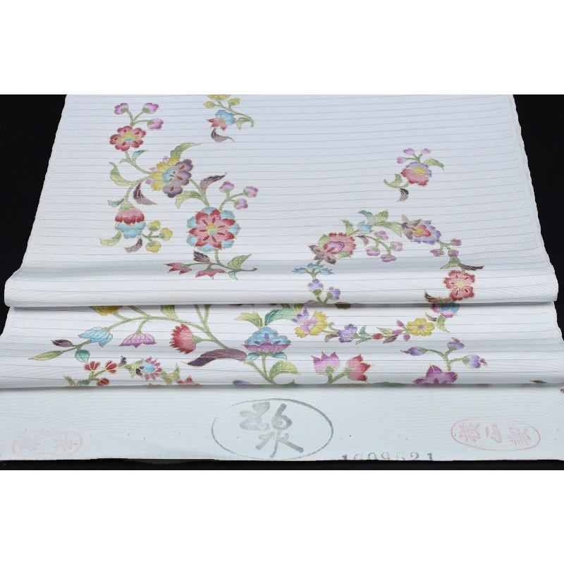 岡重 名古屋帯 夏物 白 更紗 象 花唐草 正絹 本加工友禅 手描友禅 塩瀬