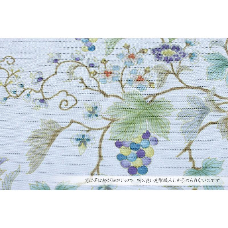 岡重 名古屋帯 夏物 薄グレー 葡萄唐草 更紗 波紋 正絹 本加工友禅 手 