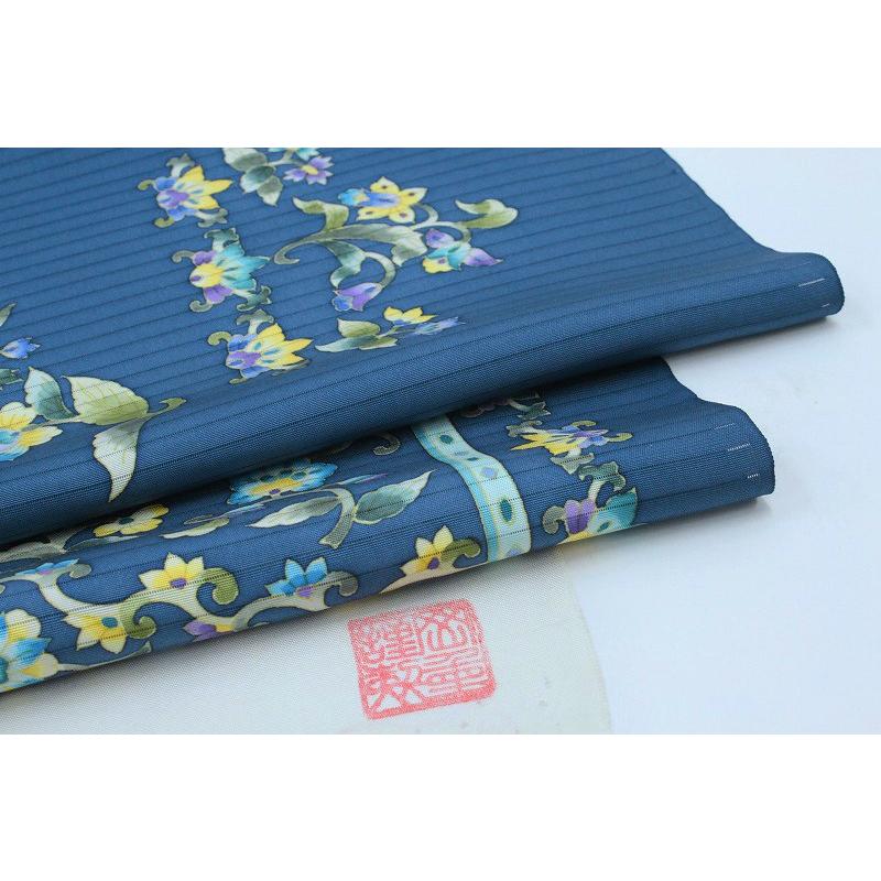 岡重 名古屋帯 夏物 青色 更紗 花唐草 正絹 本加工友禅 手描友禅 塩瀬