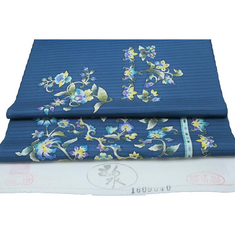岡重 名古屋帯 夏物 青色 更紗 花唐草 正絹 本加工友禅 手描友禅 塩瀬