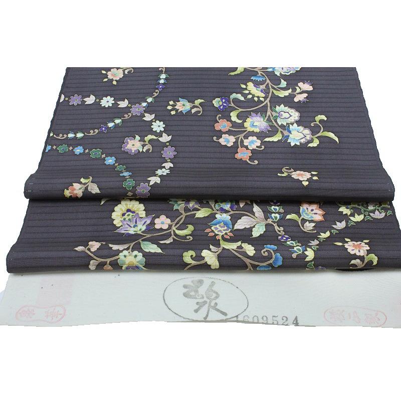 岡重 名古屋帯 夏物 紫鼠色 更紗 花唐草 正絹 本加工友禅 手描友禅