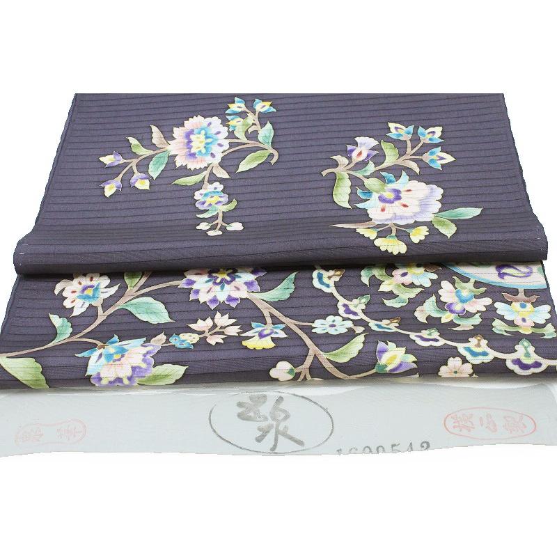 岡重 名古屋帯 夏物 紫鼠色 更紗 華文 花唐草 正絹 本加工友禅