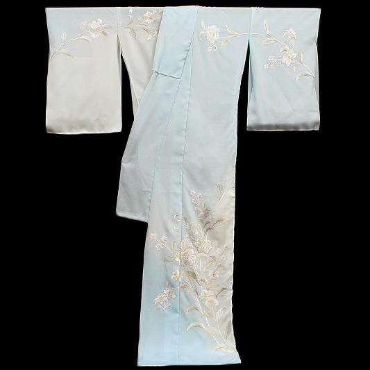 訪問着 夏物 手刺繍 水色 白 花唐草 友禅ぼかし染 正絹 最高級 塩瀬