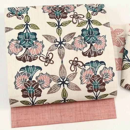 珍しい 栗山吉三郎 名古屋帯 栗山紅型 夏物 和染紅型 紅型染 赤ベージュ 蝶 蝶々 アルストロメリア 花 本大麻 未仕立て 反物 九寸 お洒落着 美しいキモノ Zn1344 代引不可 Www Technet 21 Org