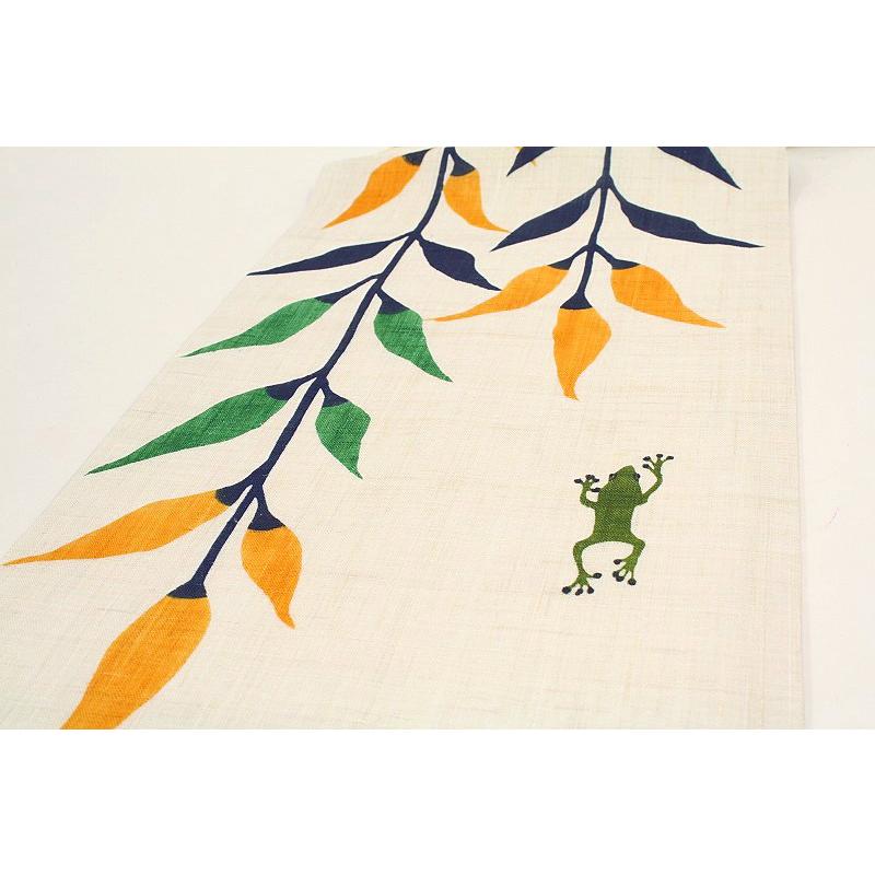 栗山吉三郎 名古屋帯 栗山紅型 夏物 和染紅型 紅型染 青色 柳に蛙 花柄