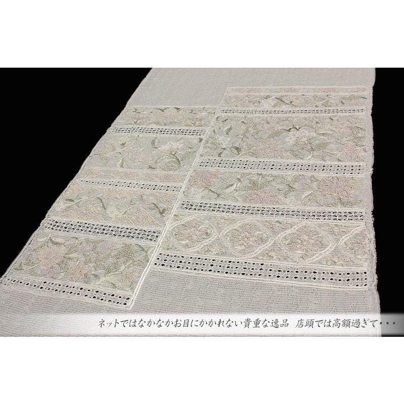 袋帯 夏物 豪華手刺繍 生成色 四角 横段 花 更紗 正絹 紗 相良刺繍