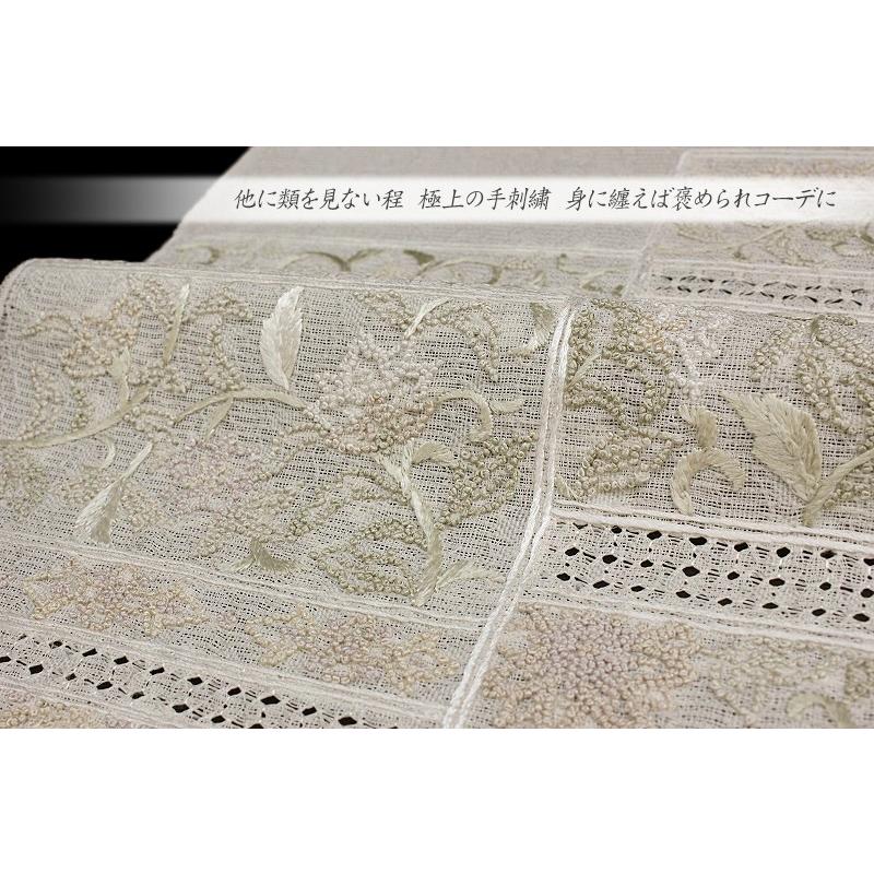袋帯 夏物 豪華手刺繍 生成色 四角 横段 花 更紗 正絹 紗 相良刺繍