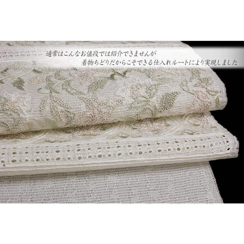 袋帯 夏物 豪華手刺繍 生成色 四角 横段 花 更紗 正絹 紗 相良刺繍