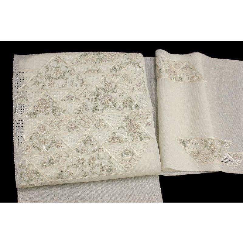 袋帯 夏物 豪華手刺繍 生成色 三角 花 更紗 正絹 紗 相良刺繍 スワトウ