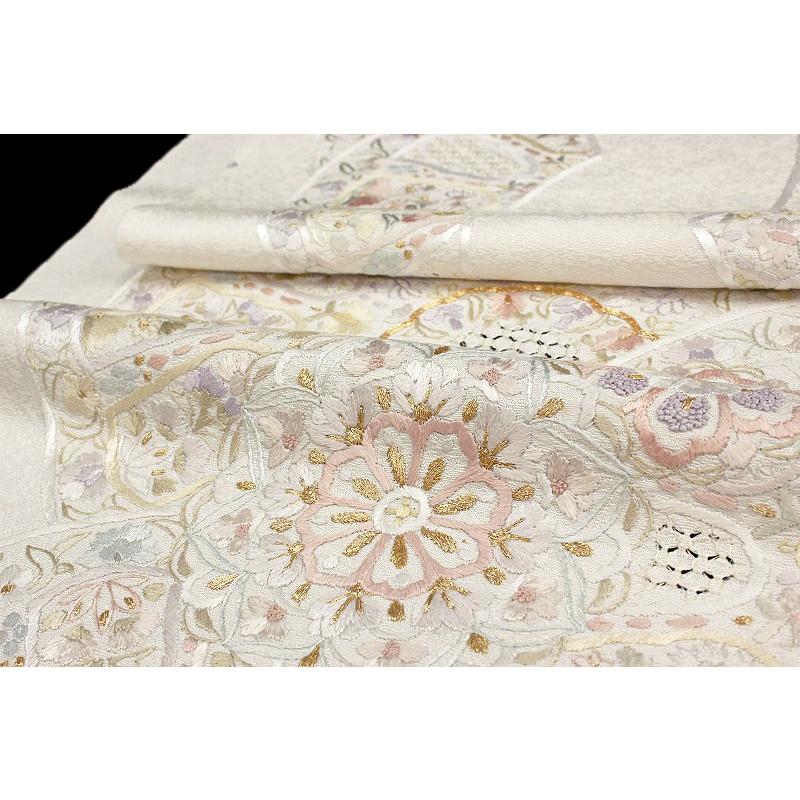 袋帯 豪華手刺繍 オフホワイト 白地 華紋 正絹 未仕立て 新品 結婚式 
