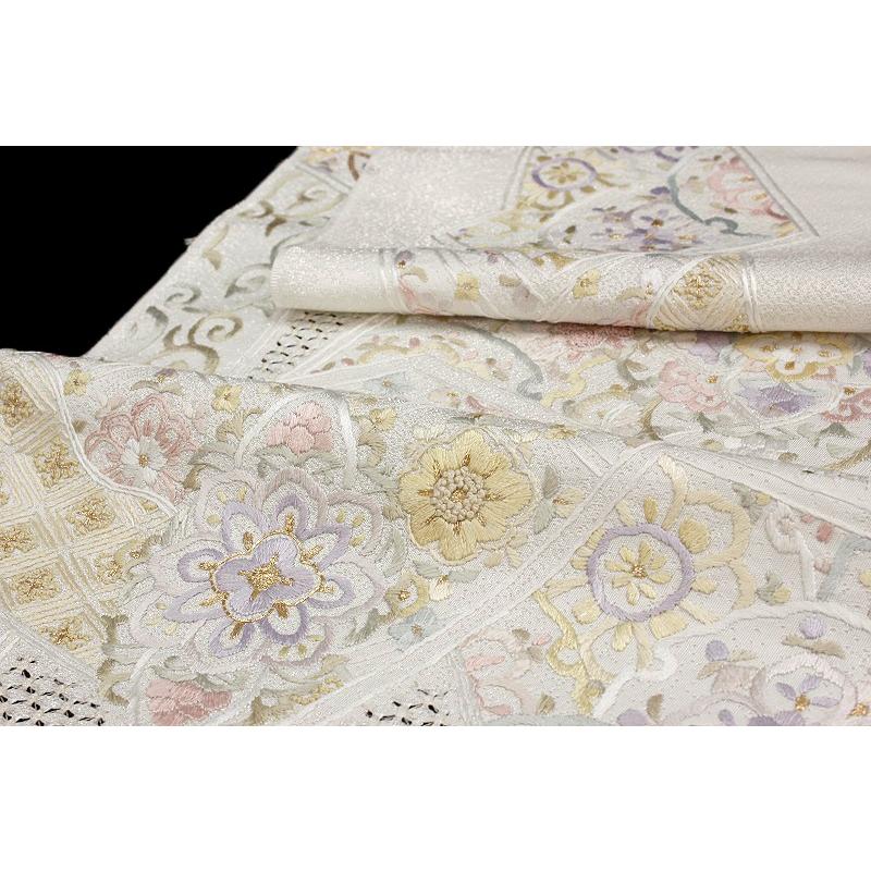 袋帯 豪華手刺繍 オフホワイト 白地 華文 七宝 花菱 裂取り 正絹 未