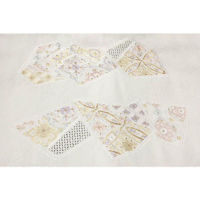 袋帯 豪華手刺繍 オフホワイト 白地 華文 七宝 花菱 裂取り 正絹 未
