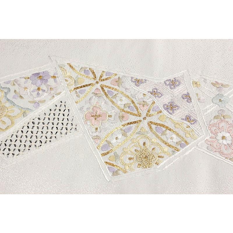 袋帯 豪華手刺繍 オフホワイト 白地 華文 七宝 花菱 裂取り 正絹 未 