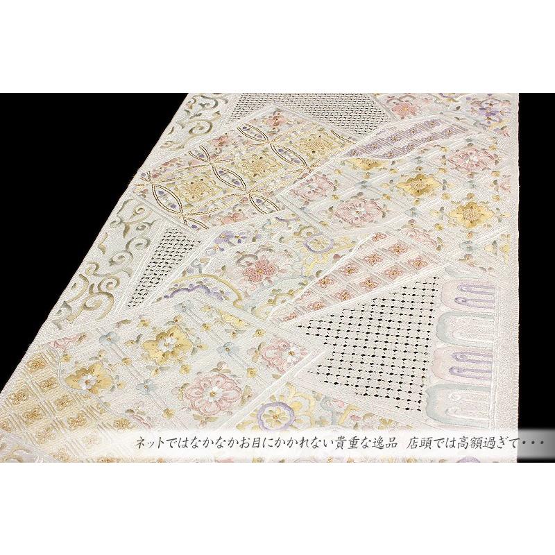 袋帯 豪華手刺繍 オフホワイト 白地 華文 七宝 花菱 裂取り 正絹 未 