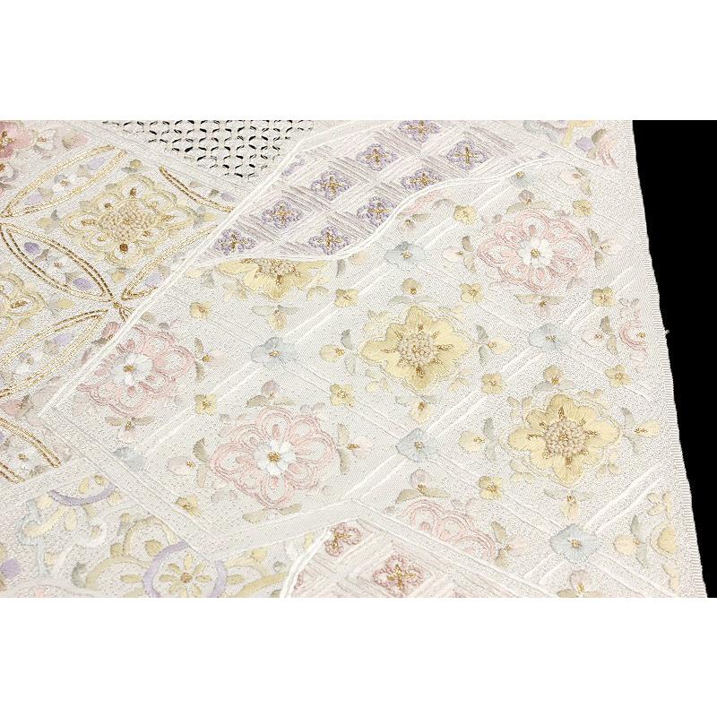 袋帯 豪華手刺繍 オフホワイト 白地 華文 七宝 花菱 裂取り 正絹 未