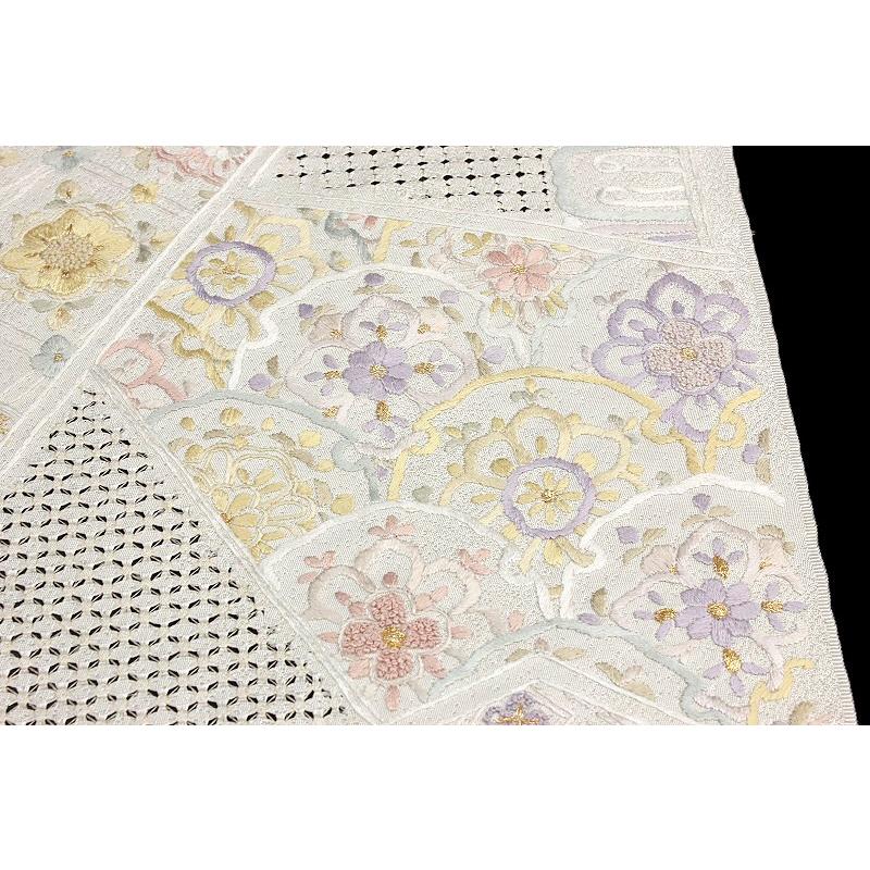 袋帯 豪華手刺繍 オフホワイト 白地 華文 七宝 花菱 裂取り 正絹 未