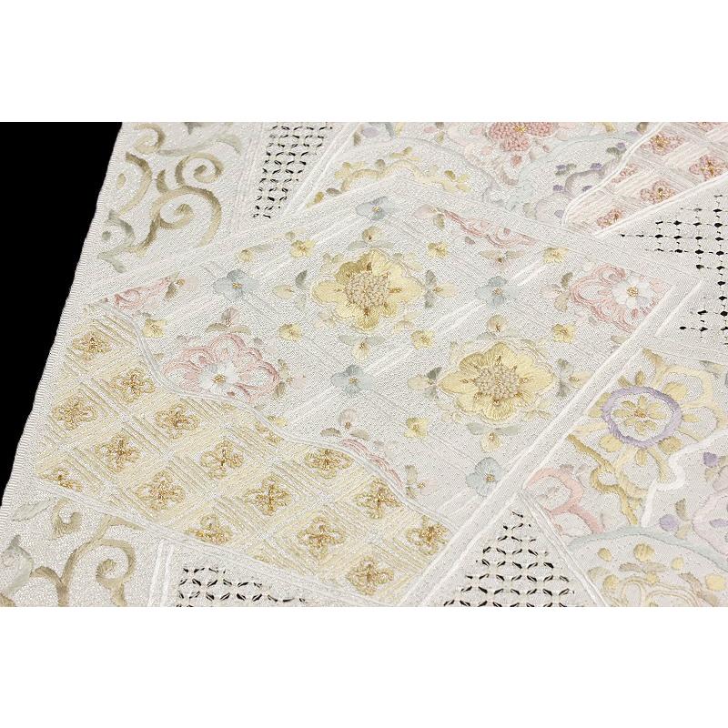 袋帯 豪華手刺繍 オフホワイト 白地 華文 七宝 花菱 裂取り 正絹 未