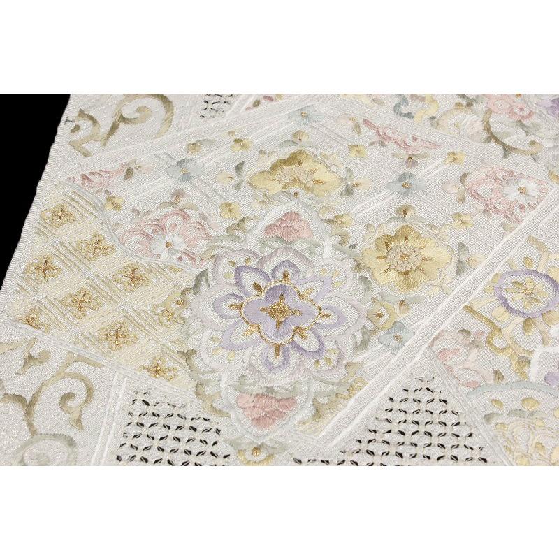 袋帯 豪華手刺繍 オフホワイト 白地 華文 七宝 花菱 裂取り 正絹 未