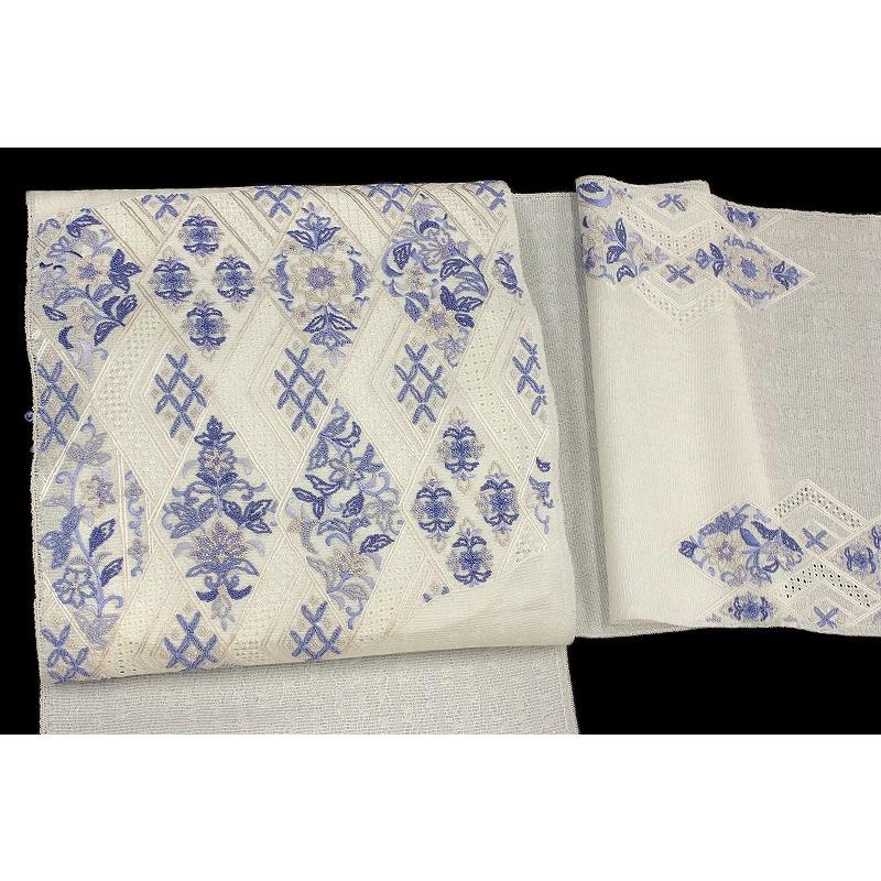 名古屋帯 夏物 豪華手刺繍 生成色 菱 花 更紗 正絹 紗 相良刺繍 名古屋帯 夏物 豪華手刺繍 生成色 菱 花 更紗 正絹 紗 相良刺繍