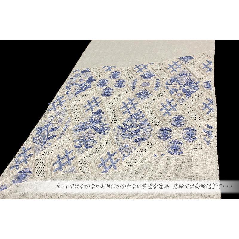 名古屋帯 夏物 豪華手刺繍 生成色 菱 花 更紗 正絹 紗 相良刺繍 名古屋帯 夏物 豪華手刺繍 生成色 菱 花 更紗 正絹 紗 相良刺繍
