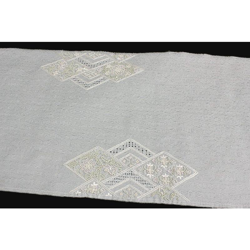 名古屋帯 夏物 豪華手刺繍 薄グレー 菱 花 更紗 正絹 紗 相良 名古屋帯 夏物 豪華手刺繍 薄グレー 菱 花 更紗 正絹 紗 相良