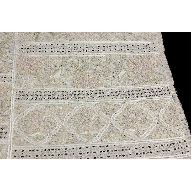 名古屋帯 夏物 豪華手刺繍 生成色 四角 横段 花 更紗 正絹 紗 相良刺繍