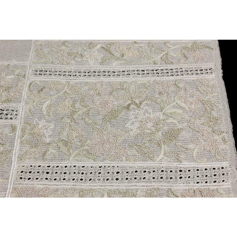名古屋帯 夏物 豪華手刺繍 生成色 四角 横段 花 更紗 正絹 紗 相良刺繍
