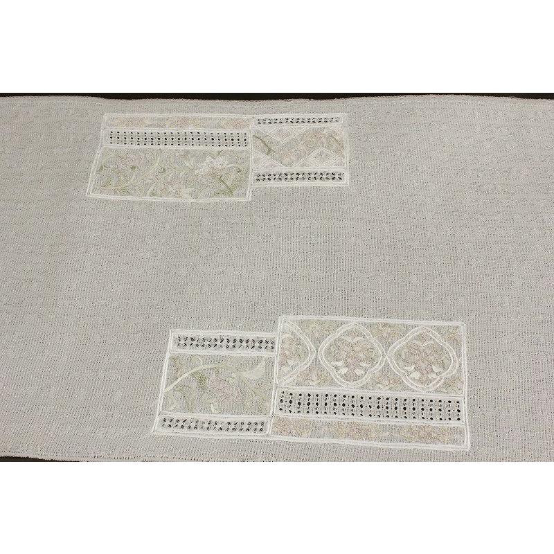 名古屋帯 夏物 豪華手刺繍 生成色 四角 横段 花 更紗 正絹 紗 相良刺繍