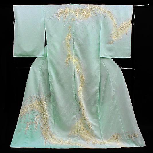 訪問着 手刺繍 水色 菊 桜 萩 藤 花籠 友禅ぼかし染 正絹 最高級 丹後