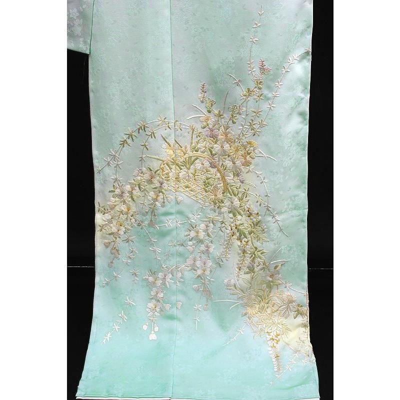 訪問着 手刺繍 水色 菊 桜 萩 藤 花籠 友禅ぼかし染 正絹 最高級 丹後