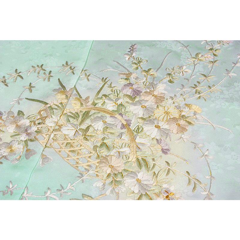 訪問着 手刺繍 水色 菊 桜 萩 藤 花籠 友禅ぼかし染 正絹 最高級