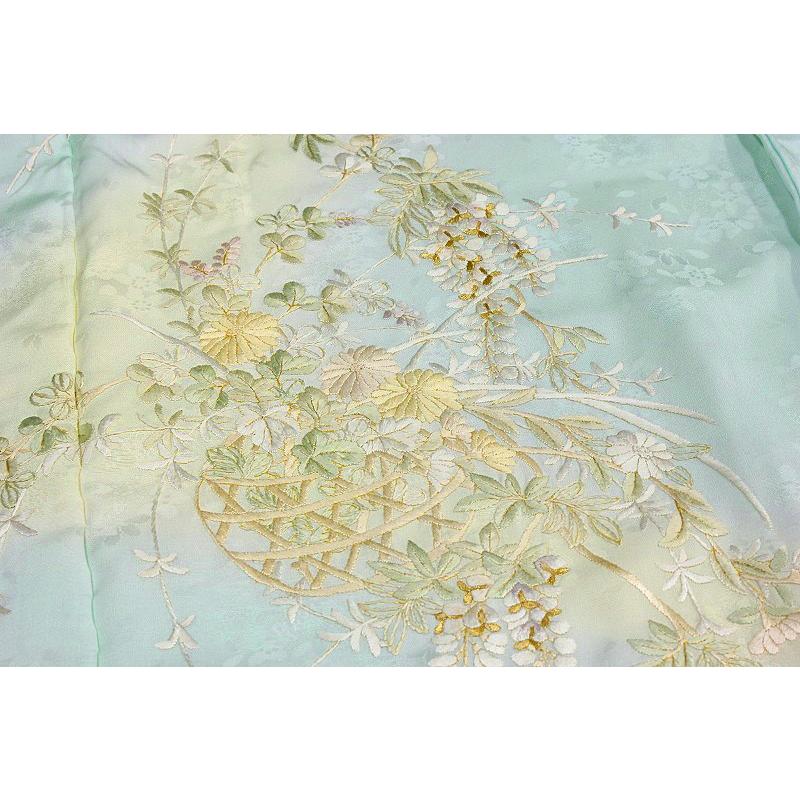 訪問着 手刺繍 水色 菊 桜 萩 藤 花籠 友禅ぼかし染 正絹 最高級 丹後